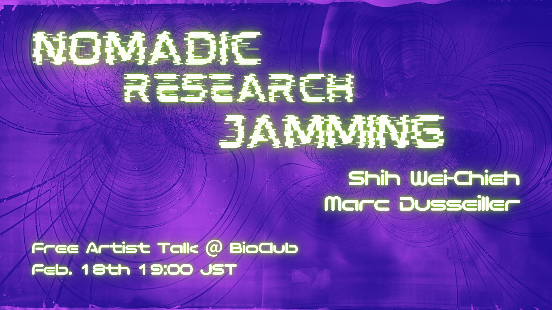 A purple background with dark lines, overlaid with text: