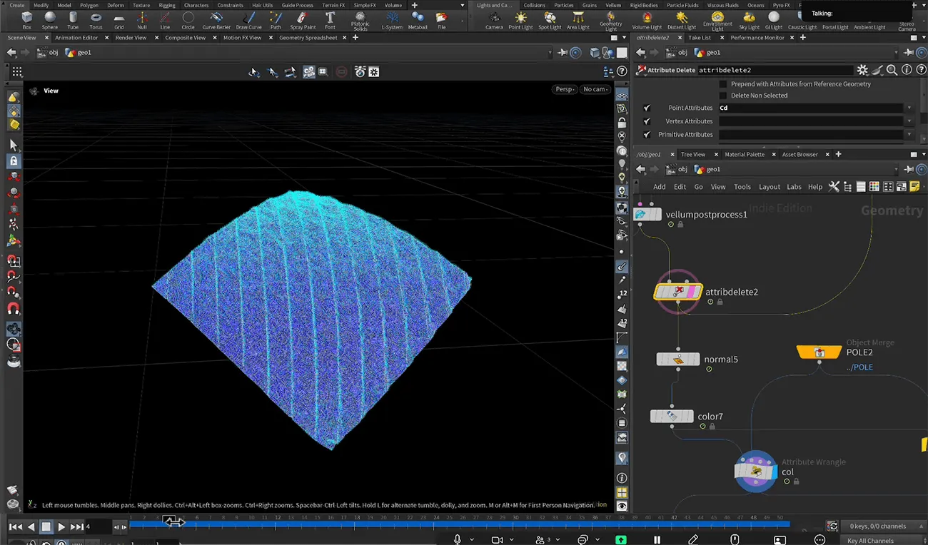A screen view of Arashi Shibori fabric displayed as 3D scan data within the tool. Blue mesh with diagonal stripe patterns floats against a black background, while a node tree and attribute settings are shown in the right-side panel.