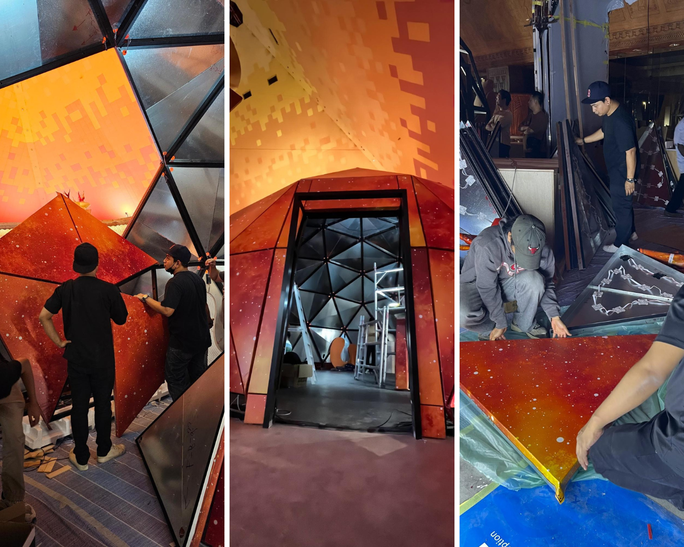 Three images. From left to right: People putting up an orange panel on the 360º immersive dome; A look inside the 360º immersive dome, which has a pixelated orange and red exterior with a grey interior; People crouch on the ground, putting an orange-red skin on a triangular metal panel.