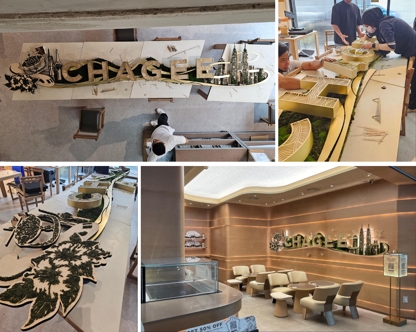 Four images of the CHAGEE logo installation being created and installed.